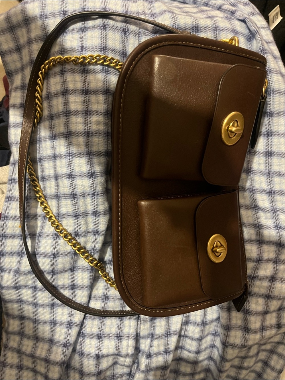 Coach Brown Leather Double-Pocket Shoulder Bag with Gold Hardware
